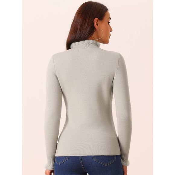 Fall Winter Fluffy Lined Long Sleeve Ribbed Knit Slim Fit Casual Top Grey - Picture 4 of 5